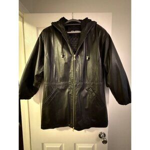 Vintage Leather Black Coat | Hooded Oversized 90s | Wilsons